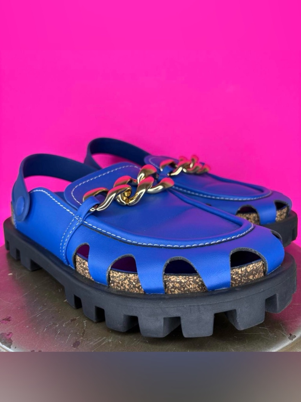 Charles & Keith Brighton Blue Chunky Chain-Link Flat Mule EU 38